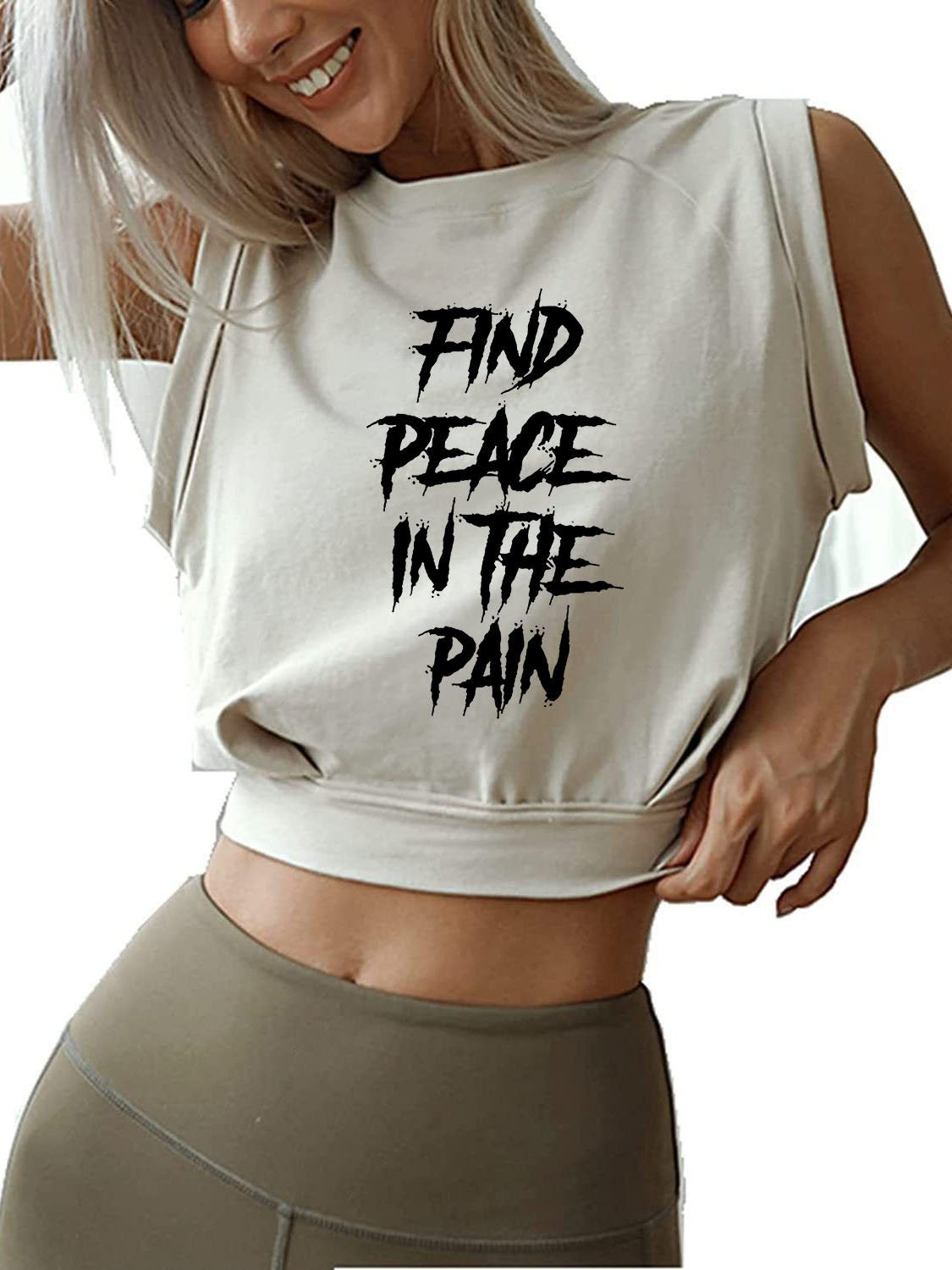 FIND PEACE IN THE PAIN Sleeveless Crop Tops