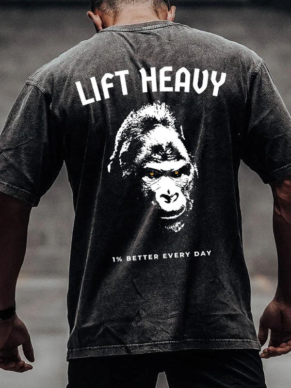 lift heavy gorilla back printed Washed Gym Shirt