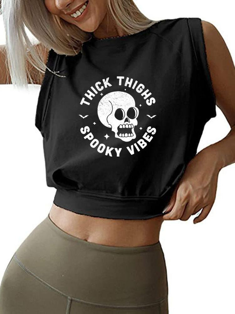 THICK THIGHS SPOOKY VIBES SLEEVELESS CROP TOPS