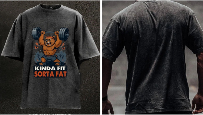 Embrace Strength and Humor with the KINDA FIT SORTA FAT Washed Gym Shirt