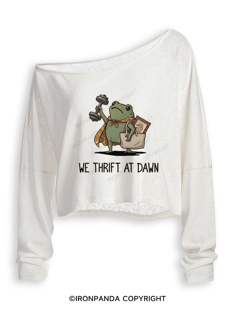 We Thrift At Dawn Off Shoulder Long Sleeve Crop Top
