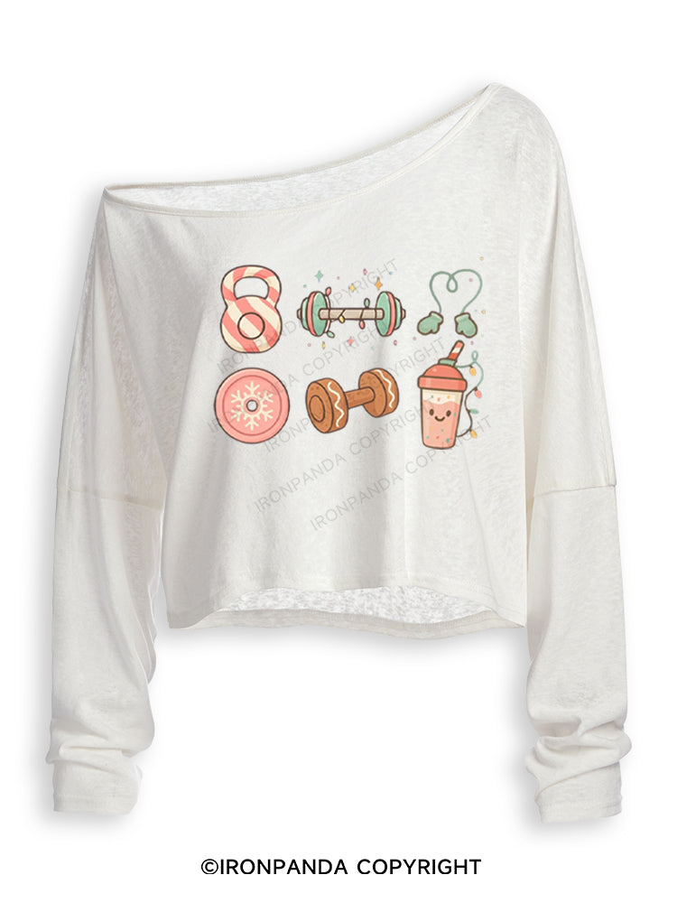 Candy Cane Kettlebell & Cookie Dumbbell Xmas Off Shoulder Long Sleeve Crop Top