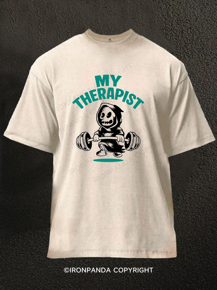 My Therapist Has A Barbell Funny Skeleton Washed Gym Shirt