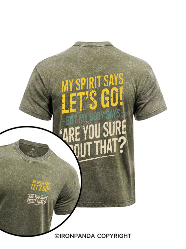 My Spirit Says Lets Go But My Body Says Are You Sure Printed Washed Gym Shirt