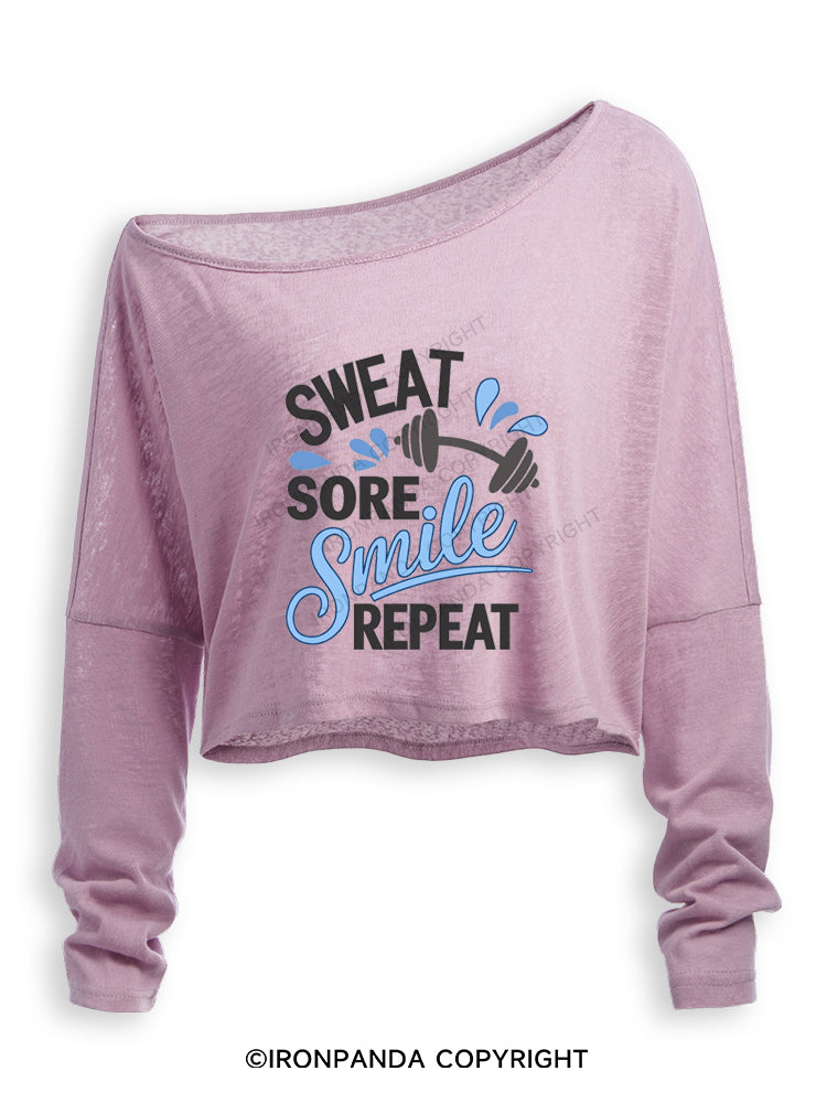 SWEAT SORE SMILE REPEAT Off Shoulder Long Sleeve Crop Top