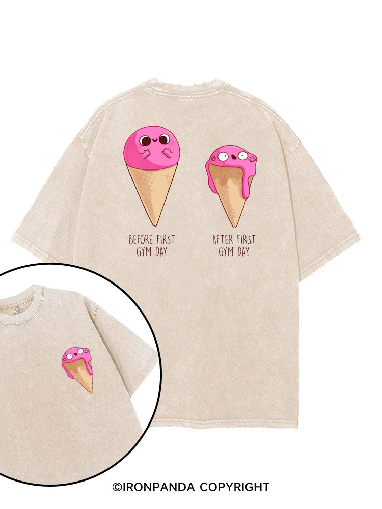 BEFORE AND AFTER FIRST GYM DAY FUNNY ICE CREAM printed Gym Shirt