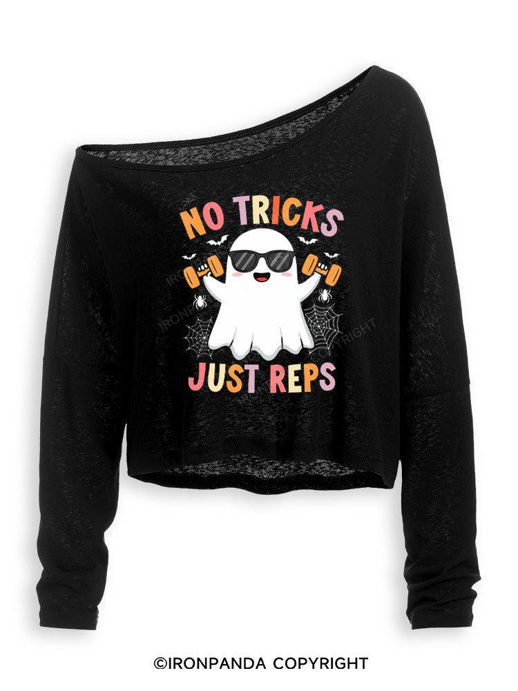 NO TRICKS JUST REPS CUTE GHOST Off Shoulder Long Sleeve Crop Top