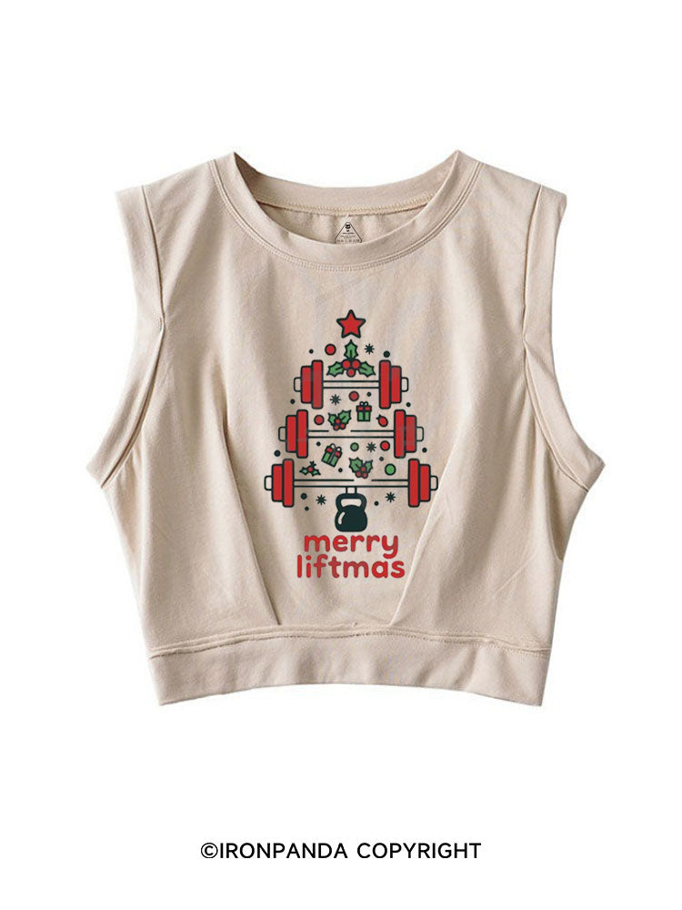 MERRY LIFTMAS FITNESS CHRISTMAS TREE SLEEVELESS CROP TOPS