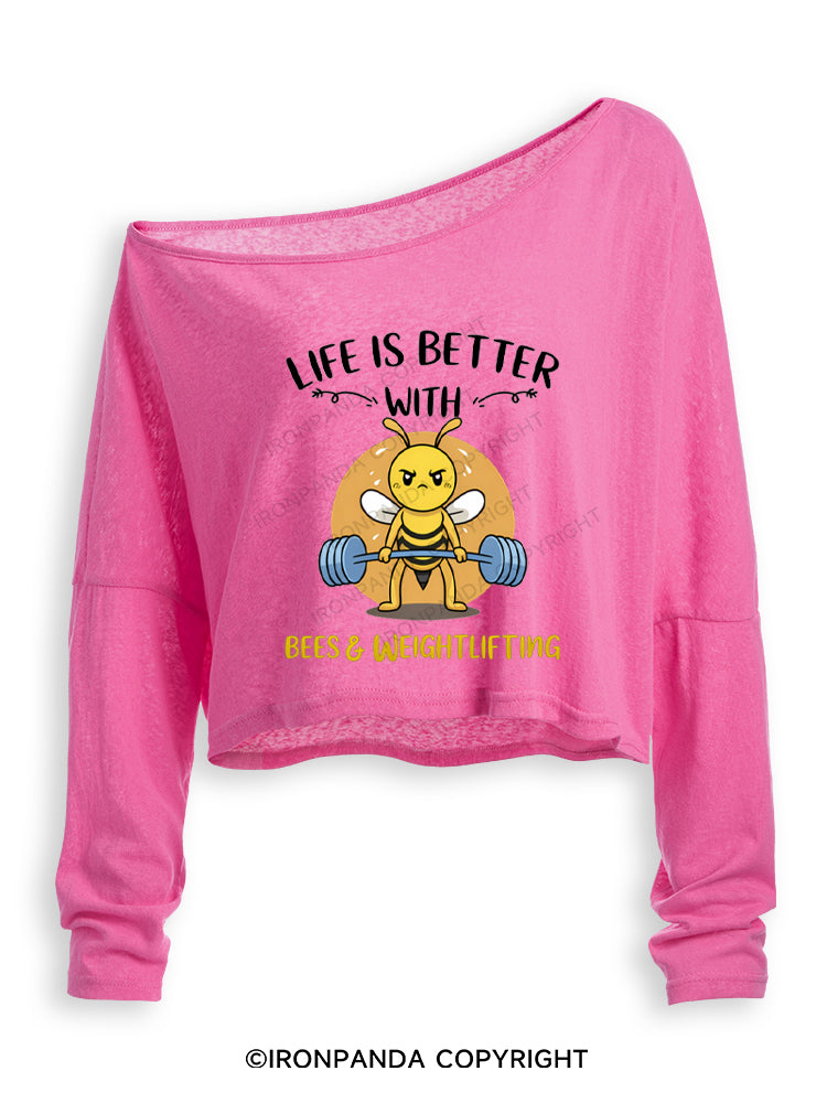 Life Is Better With Bees Weightlifting Off Shoulder Long Sleeve Crop Top