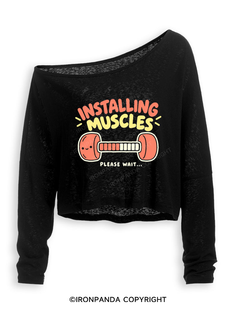Installing Muscles Please Wait Smiling Dumbbell Off Shoulder Long Sleeve Crop Top