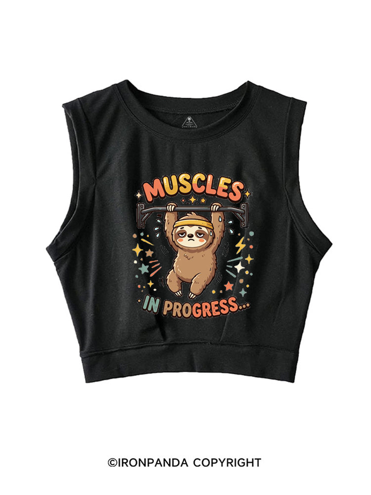 MUSCLES IN PROGRESS FUNNY SLOTH SLEEVELESS CROP TOPS