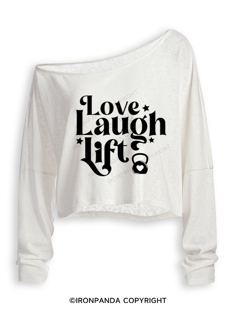 LOVE LAUGH LIFT POSITIVE GYM Off Shoulder Long Sleeve Crop Top
