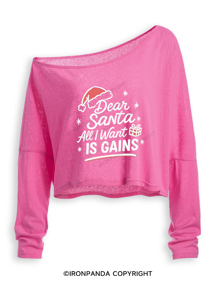 DEAR SANTA ALL I WANT IS GAINS Off Shoulder Long Sleeve Crop Top