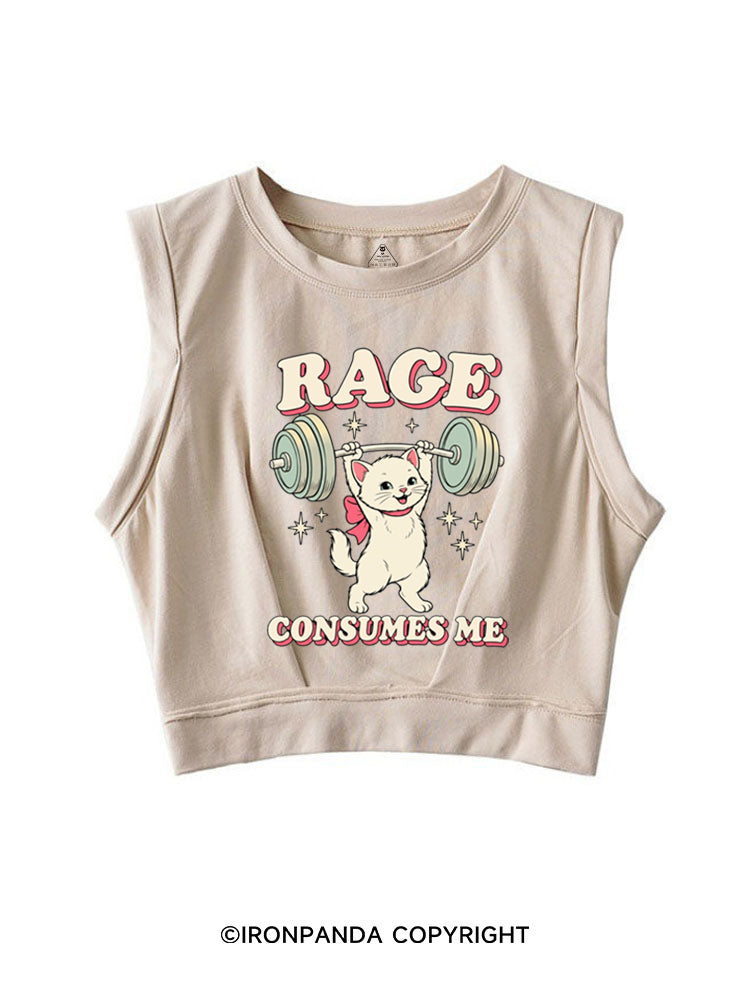 RAGE CONSUMES ME FUNNY CAT WEIGHTLIFTING SLEEVELESS CROP TOPS