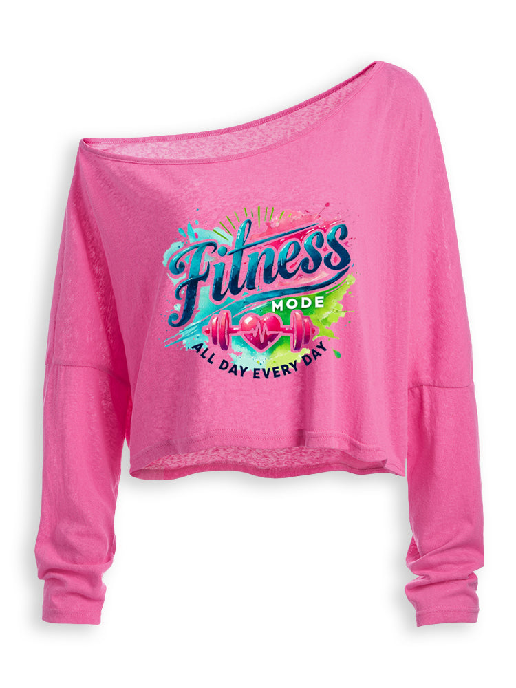 FITNESS MODE ALL DAY EVERY DAY Off Shoulder Long Sleeve Crop Top
