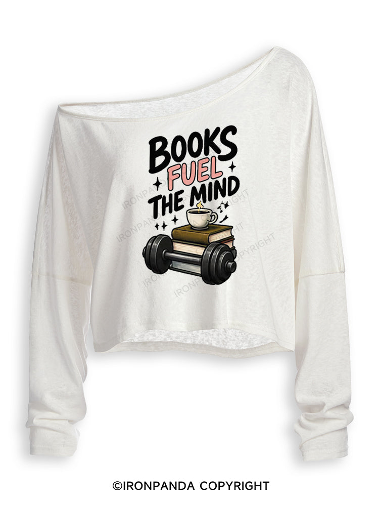 BOOKS FUEL THE MIND Off Shoulder Long Sleeve Crop Top