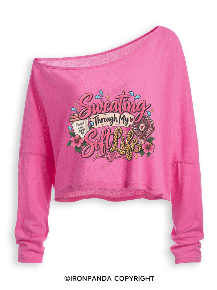 Sweating Through My Soft Life Off Shoulder Long Sleeve Crop Top