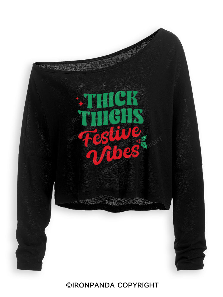 THICK THIGHS FESTIVE VIBES Off Shoulder Long Sleeve Crop Top