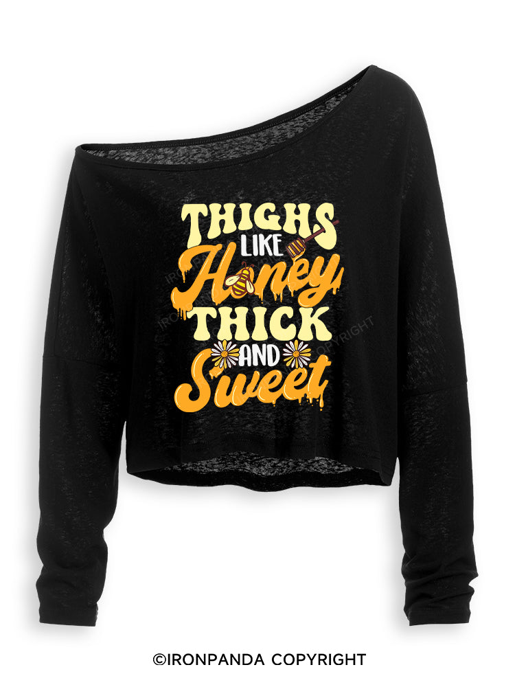 THIGHS LIKE HONEY THICK AND SWEET Off Shoulder Long Sleeve Crop Top