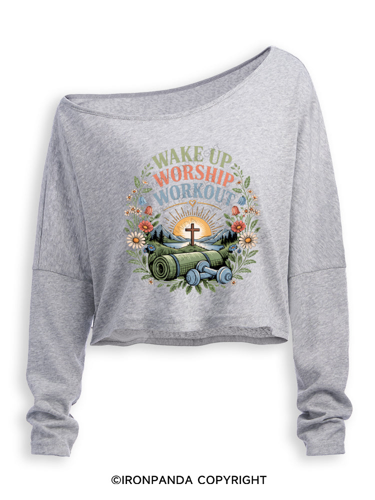 Wake Up Worship Workout Worship Off Shoulder Long Sleeve Crop Top