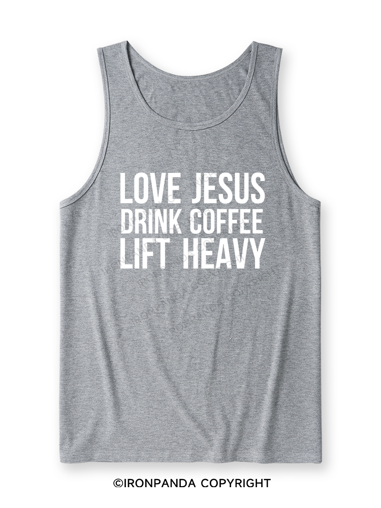 LOVE JESUS DRINK COFFEE LIFT HEAVY Ultra Soft Heather Tank