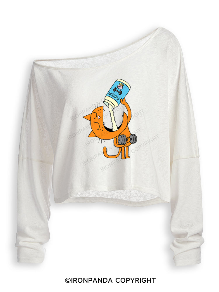 PROTEIN POWERED KITTY Off Shoulder Long Sleeve Crop Top