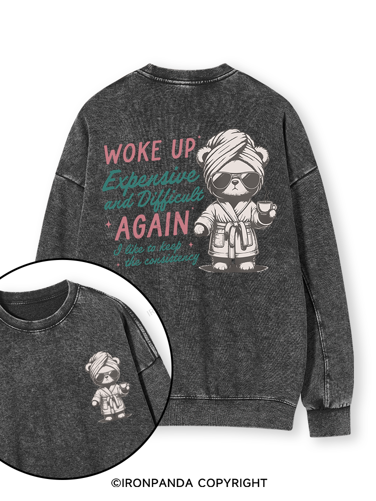 WOKE UP EXPENSIVE AND DIFFICULT AGAIN Double-Sided Printed Washed Sweatshirt