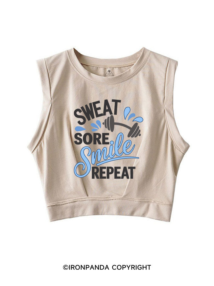 SWEAT SORE SMILE REPEAT SLEEVELESS CROP TOPS