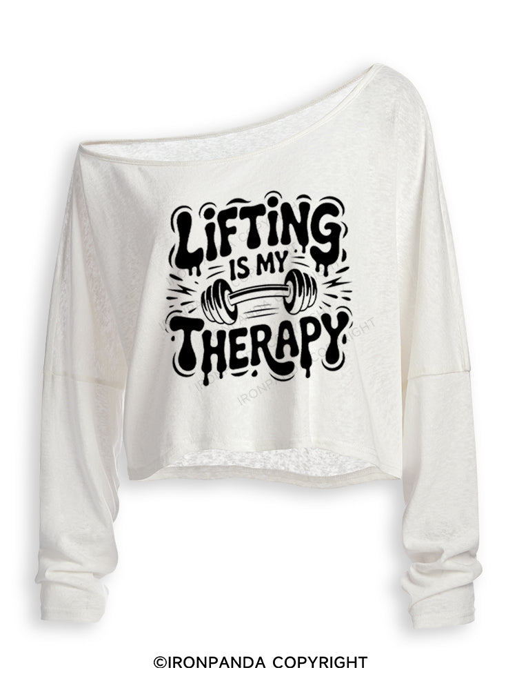 LIFTING IS MY THERAPY POSITIVE GYM VIBE Off Shoulder Long Sleeve Crop Top