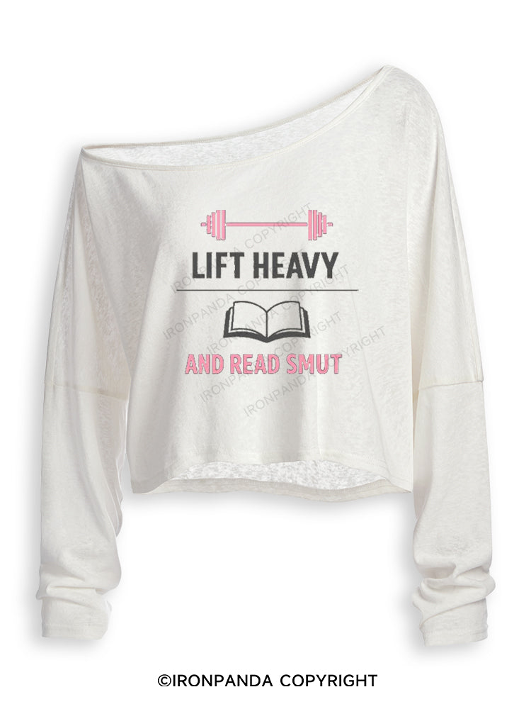LIFT HEAVY AND READ SMUT BOOKISH LIFTER Off Shoulder Long Sleeve Crop Top