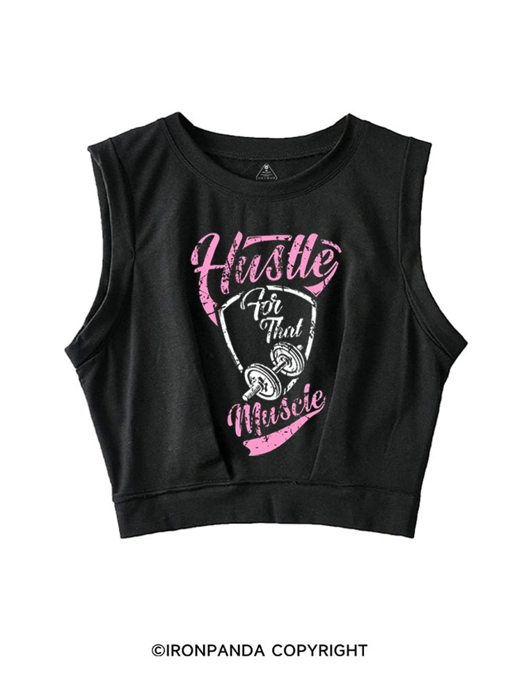 HUSTLE FOR THAT MUSCLE FUNNY GYM PINK SLEEVELESS CROP TOPS