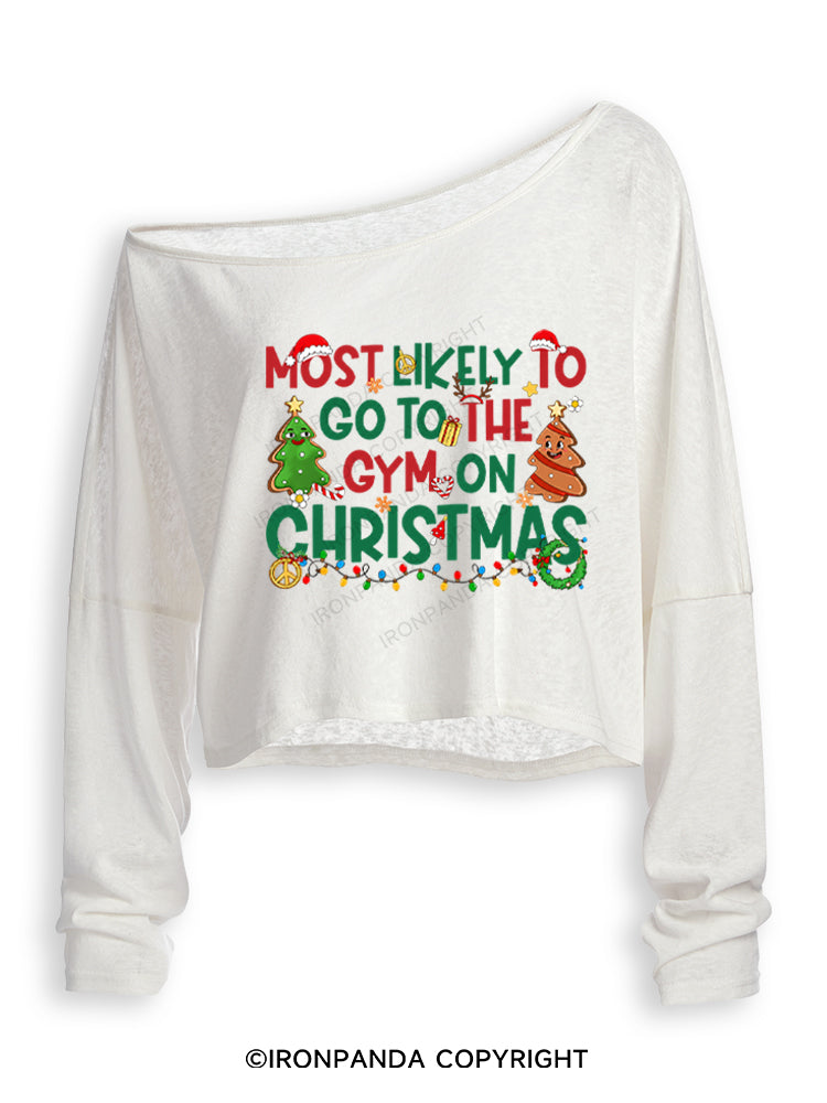 Most Likely To Go To The Gym On Christmas Funny Off Shoulder Long Sleeve Crop Top