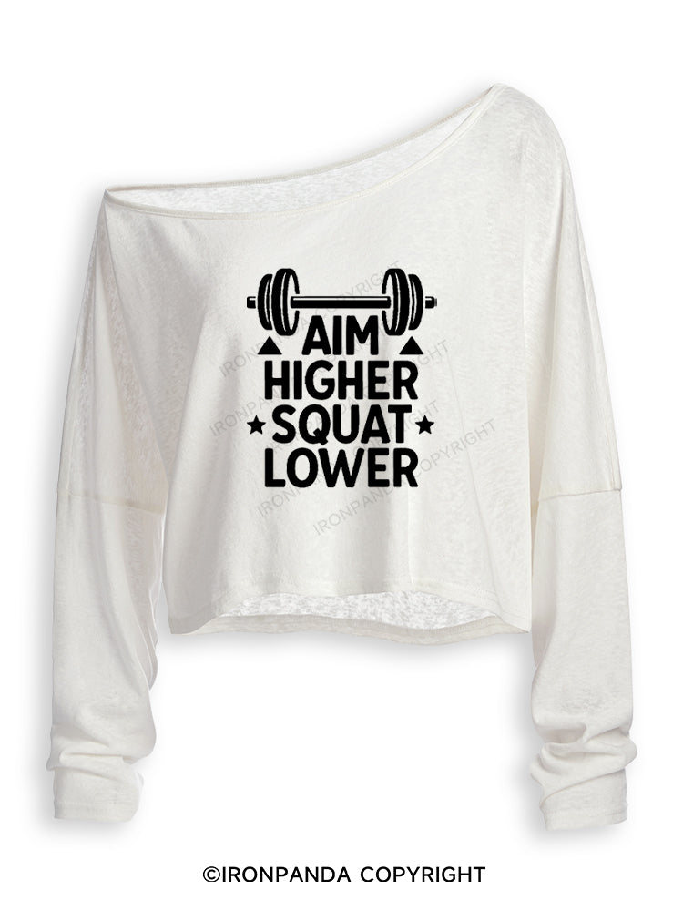 AIM HIGHER SQUAT LOWER POSITIVE GYM Off Shoulder Long Sleeve Crop Top