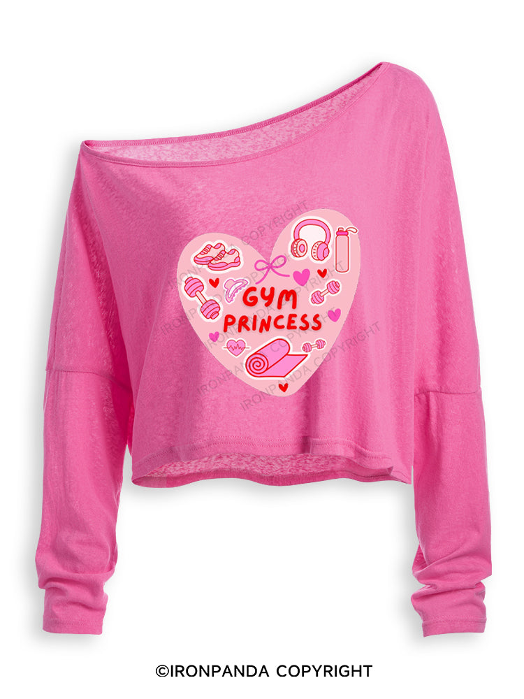 Pink Gym Princess Off Shoulder Long Sleeve Crop Top