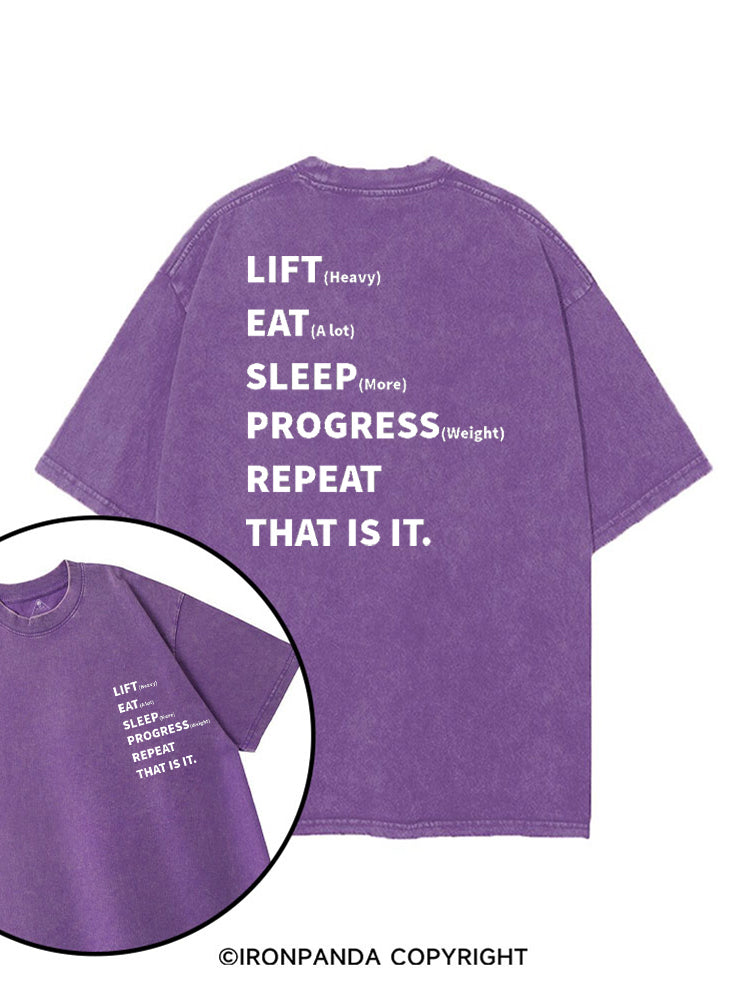 LIFT (HEAVY) EAT (A LOT) SLEEP (MORE) PROGRESS (WEIGHT) REPEAT THAT IS IT printed Gym Shirt