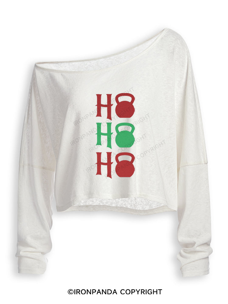 HO HO HO HOLIDAY FITNESS KETTLEBELL Off Shoulder Long Sleeve Crop Top