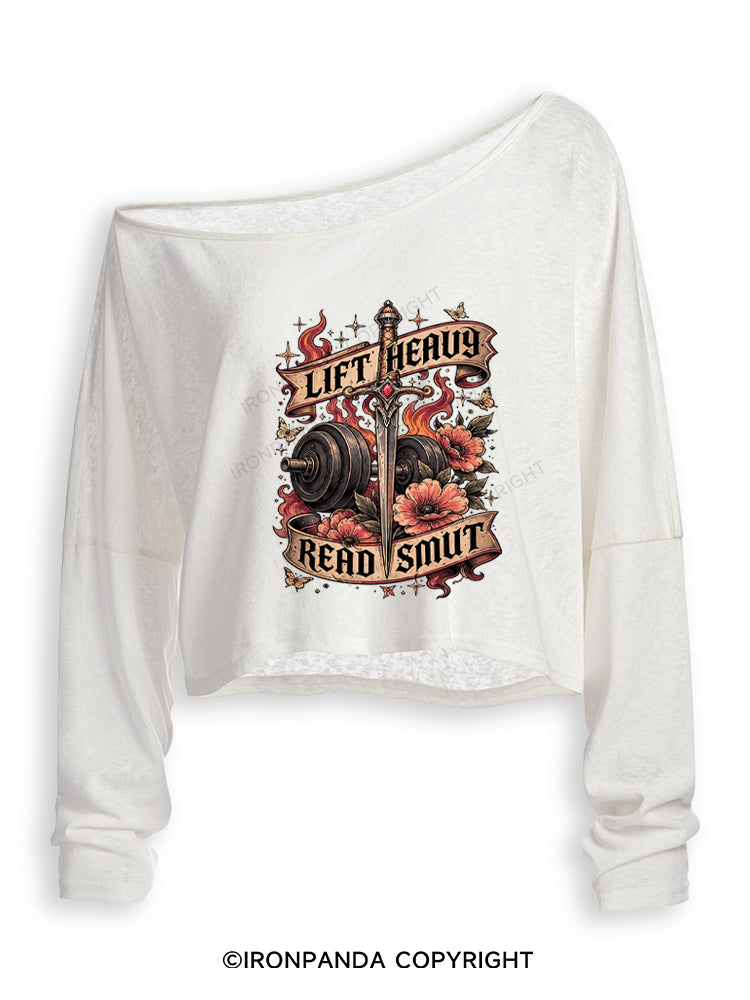 Lift Heavy Read Smut Bookish Fitness Off Shoulder Long Sleeve Crop Top