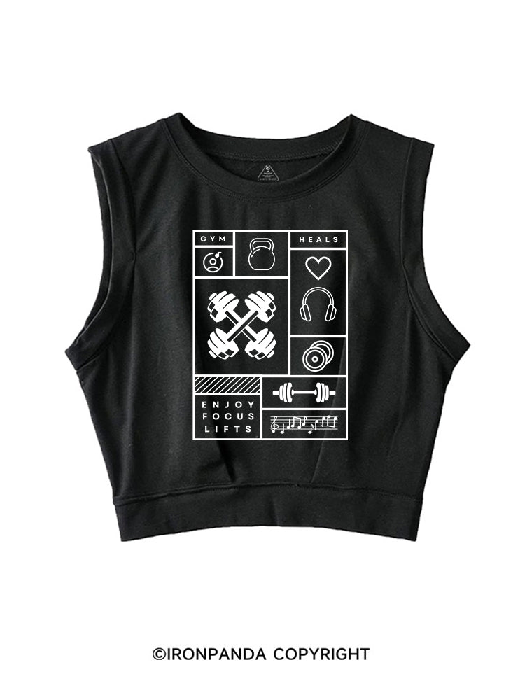 GYM HEALS ENJOY FOCUS LIFTS SLEEVELESS CROP TOPS