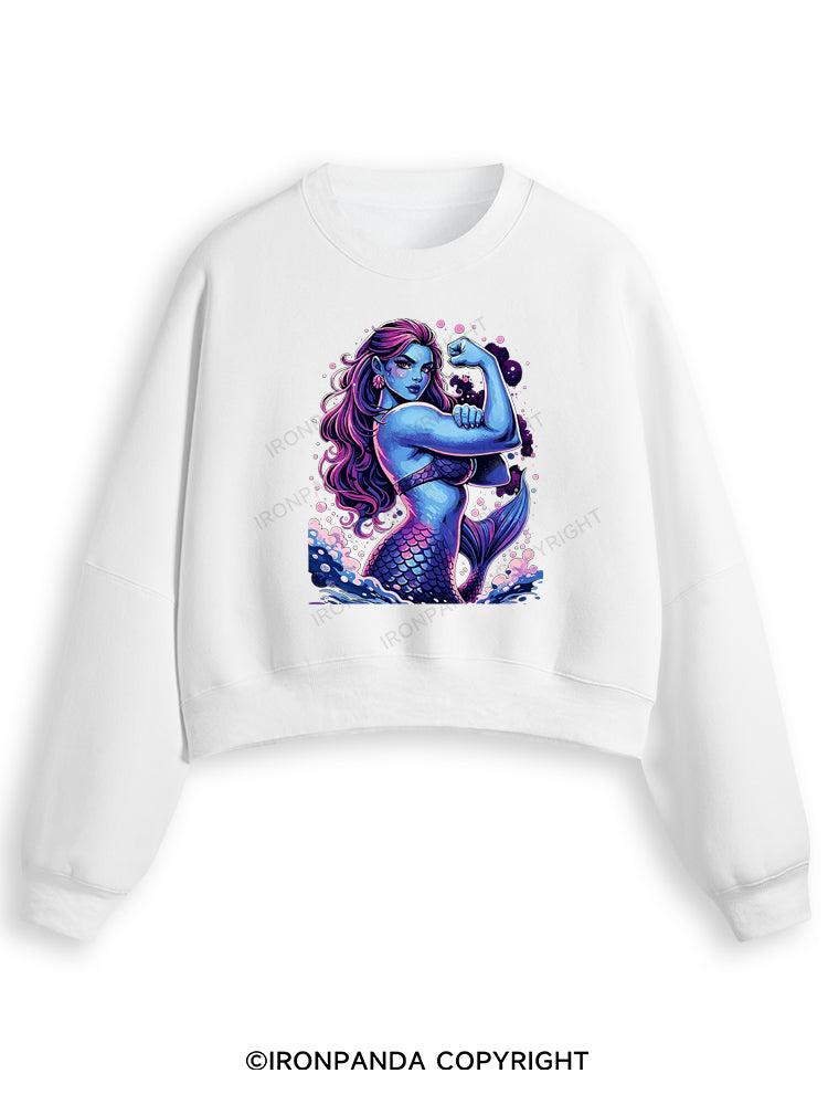 STRONG MERMAID SHOWS OFF BICEPS Fleece Crop Sweatshirt