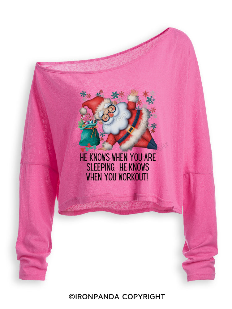 Funny Christmas Santa Knows When You Workout Off Shoulder Long Sleeve Crop Top
