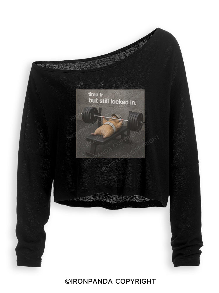 TIRED FR BUT STILL LOCKED IN HAMESTER Off Shoulder Long Sleeve Crop Top