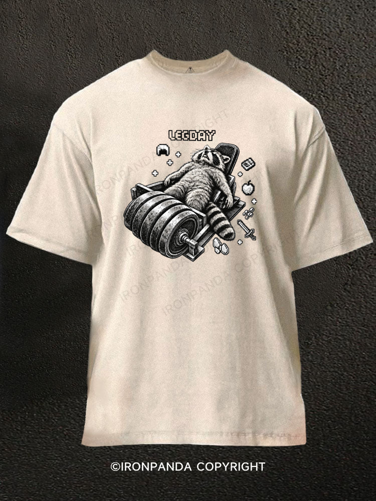 Heavy Leg Press Gamer Leg Day Raccoon Washed Gym Shirt