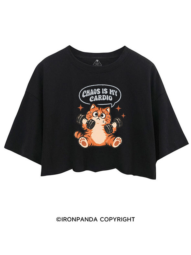 CHAOS IS MY CARDIO GYM KITTY CROP TOPS