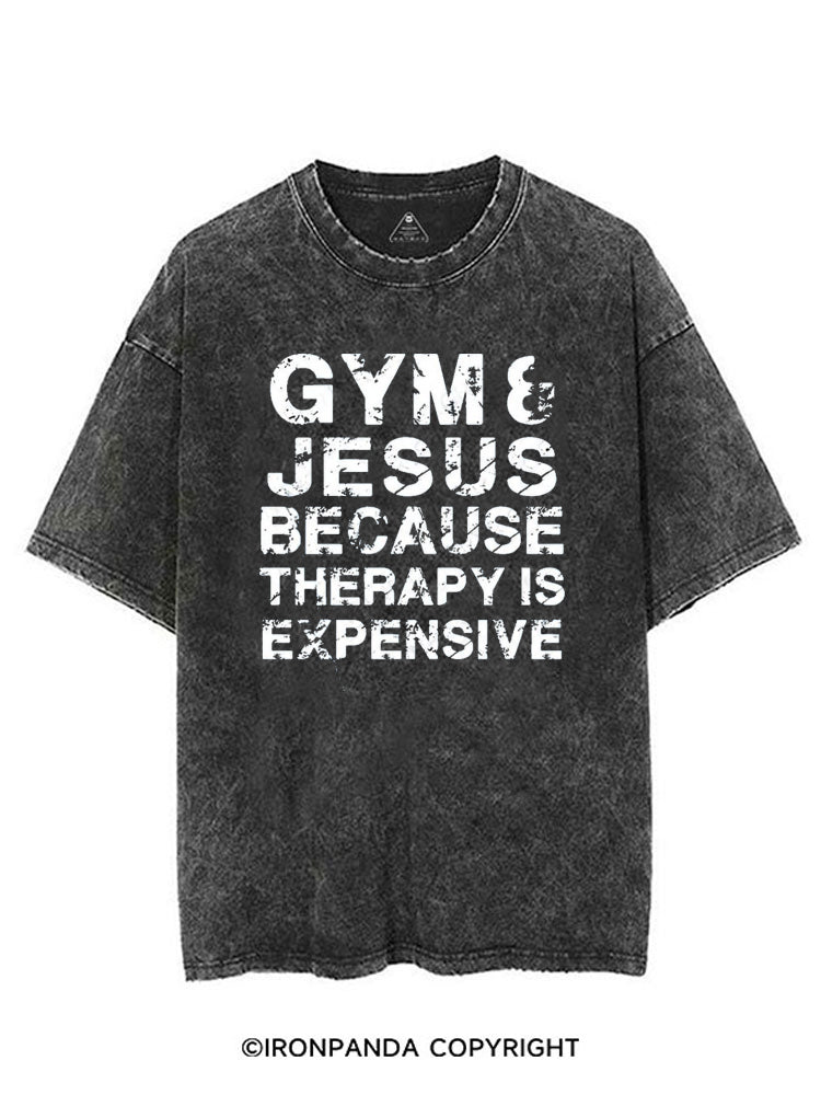 GYM & JESUS BECAUSE THERAPY IS EXPENSIVE VINTAGE GYM SHIRT