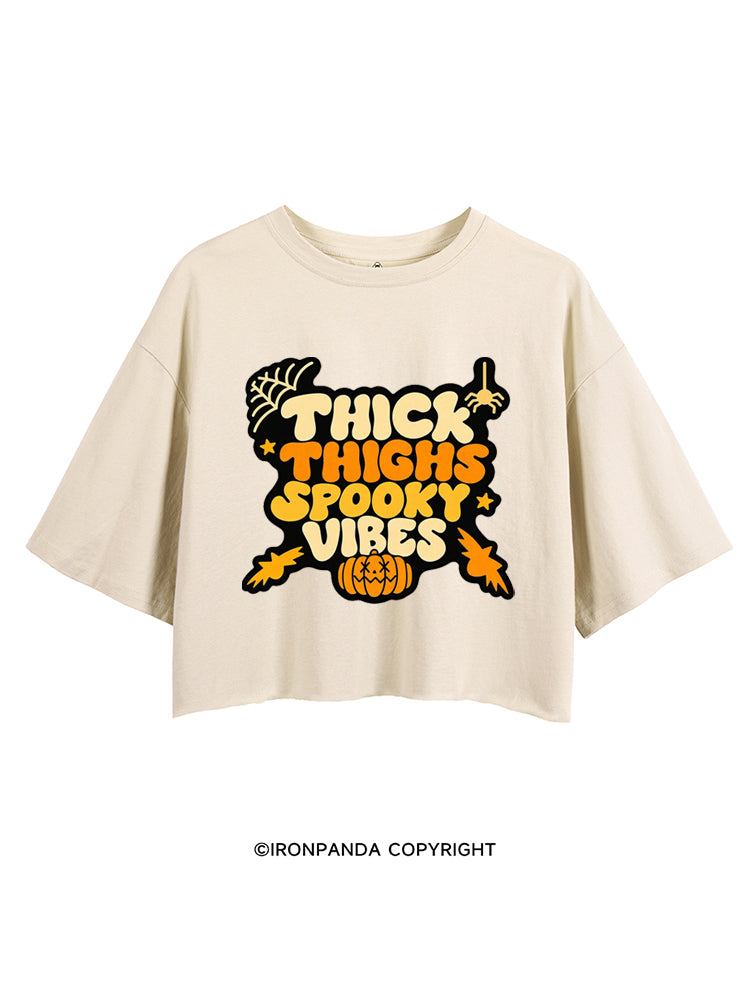 THICK THIGHS SPOOKY VIBES PUMPKIN HALLOWEEN CROP TOPS