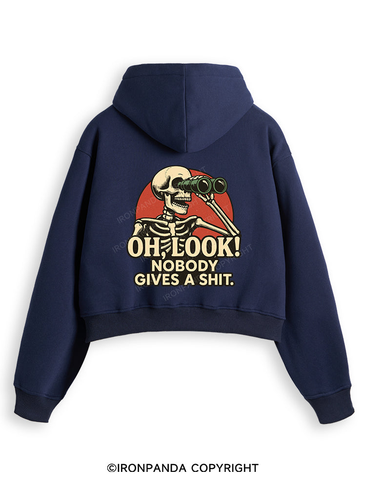 OH, LOOK! NOBODY GIVES A SHIT Fleece Crop Zip Up Hoodie