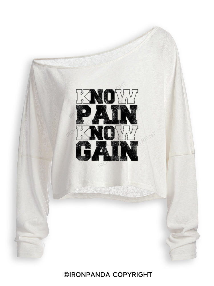 KNOW PAIN KNOW GAIN Off Shoulder Long Sleeve Crop Top