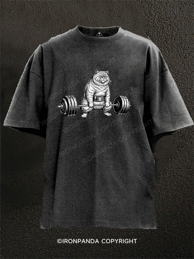 Funny Deadlift Cat Washed Gym Shirt