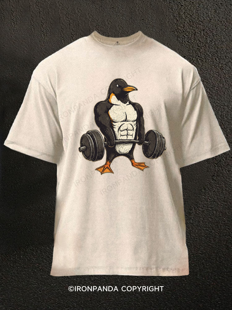 Muscular Penguin Deadlifting Heavy Washed Gym Shirt