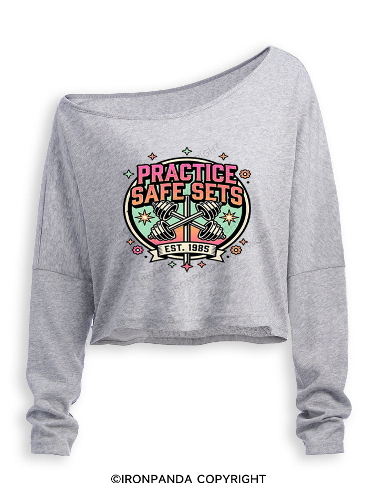 PRACTICE SAFE SETS FUNNY RETRO Off Shoulder Long Sleeve Crop Top